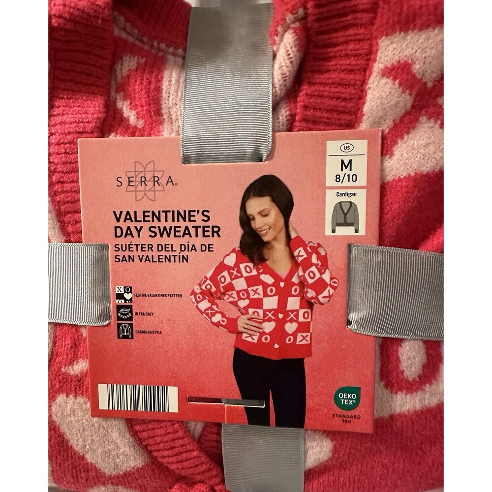 Serra Valentines Day Sweater Cardigan Pink Hearts Checkers XO Button Up  Medium